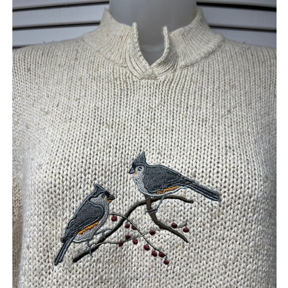 Woolrich Oatmeal Heather Bird Appliqué Pullover Knit Mock Neck Sweater Sz Medium - Picture 2 of 6